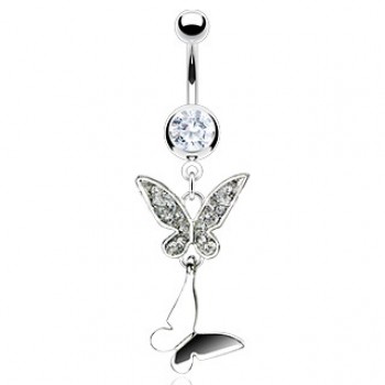 Double Butterfly Gem Belly Ring Navel Dangle